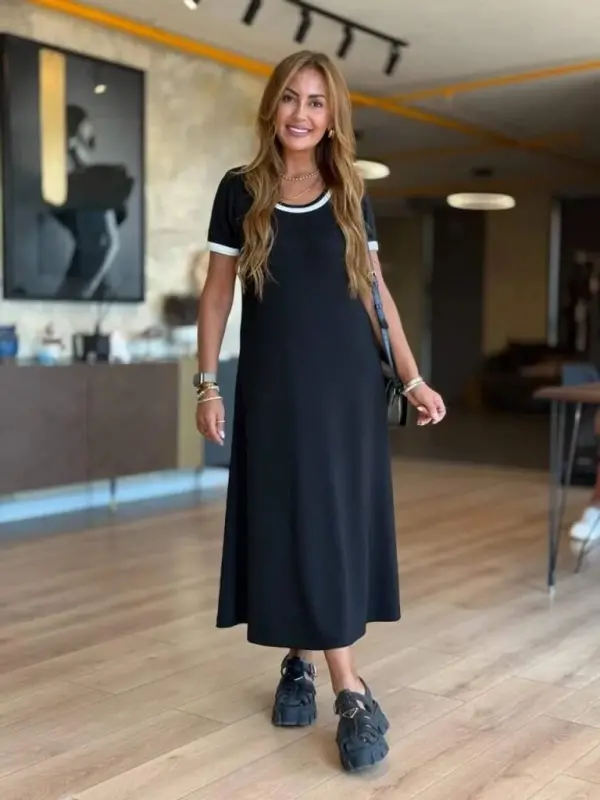 Women's Short Sleeve Crew Neck Side Slit Midi Viscose Dress - 4