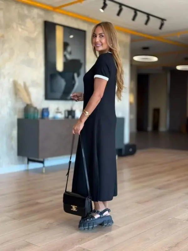 Women's Short Sleeve Crew Neck Side Slit Midi Viscose Dress - 5