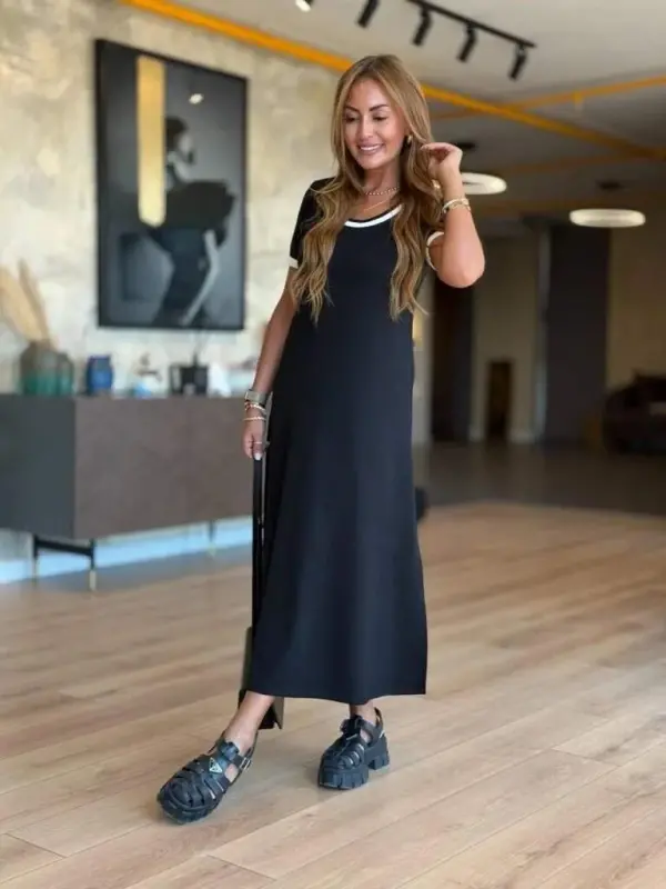 Women's Short Sleeve Crew Neck Side Slit Midi Viscose Dress - 6