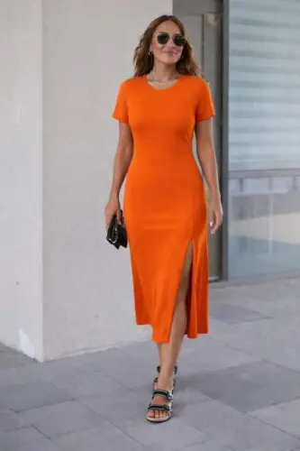 Women's Short Sleeve Crew Neck Side Slit Midi Viscose Dress - 1