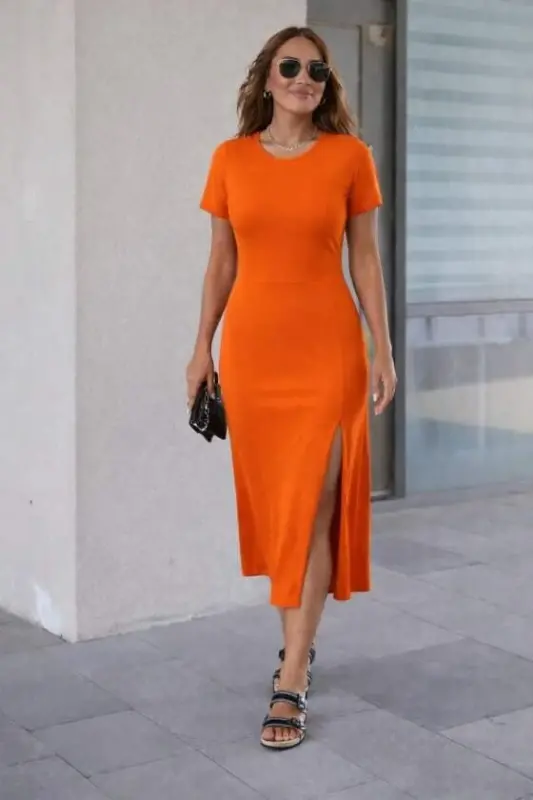 Women's Short Sleeve Crew Neck Side Slit Midi Viscose Dress - BÜYÜKBEDENIZ