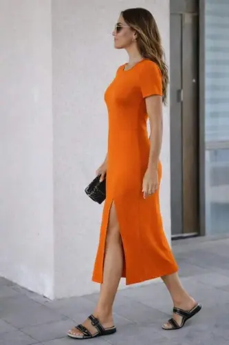 Women's Short Sleeve Crew Neck Side Slit Midi Viscose Dress - BÜYÜKBEDENIZ (1)