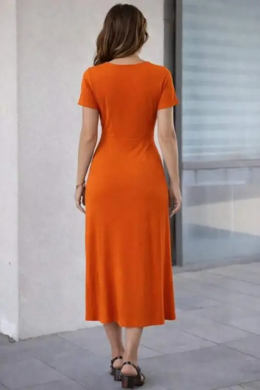 Women's Short Sleeve Crew Neck Side Slit Midi Viscose Dress - 3