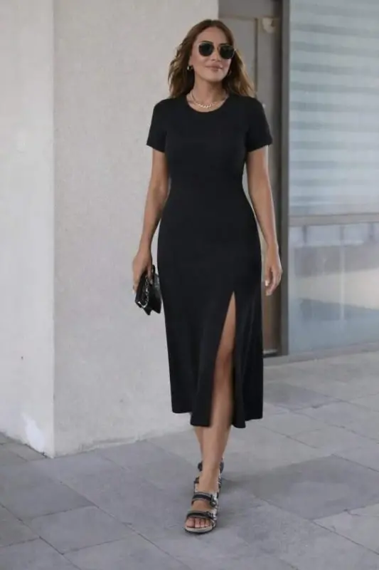 Women's Short Sleeve Crew Neck Side Slit Midi Viscose Dress - BÜYÜKBEDENIZ