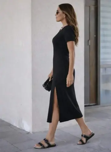 Women's Short Sleeve Crew Neck Side Slit Midi Viscose Dress - BÜYÜKBEDENIZ (1)