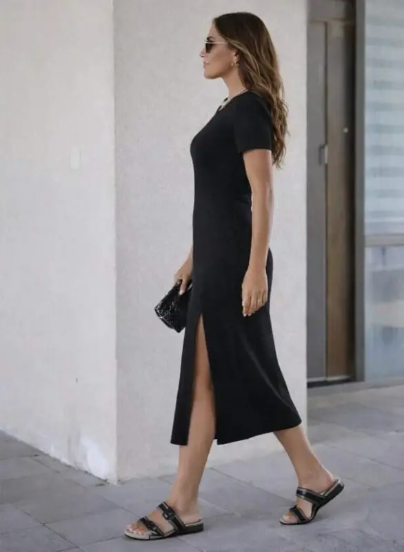 Women's Short Sleeve Crew Neck Side Slit Midi Viscose Dress - 2