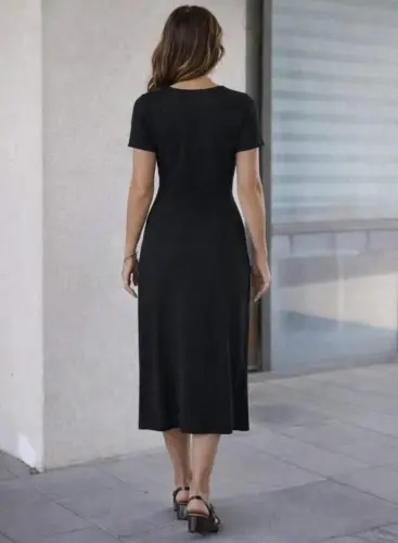 Women's Short Sleeve Crew Neck Side Slit Midi Viscose Dress - 3
