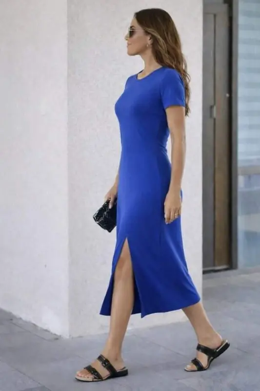 Women's Short Sleeve Crew Neck Side Slit Midi Viscose Dress - 2