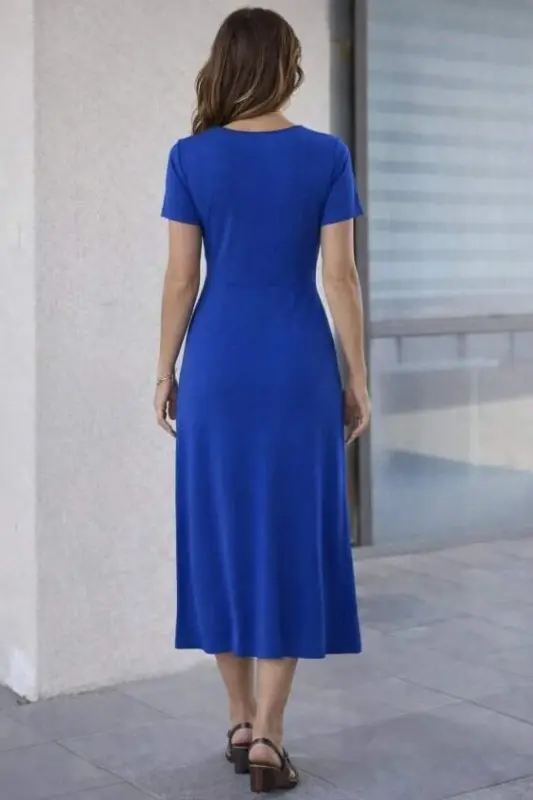 Women's Short Sleeve Crew Neck Side Slit Midi Viscose Dress - 3