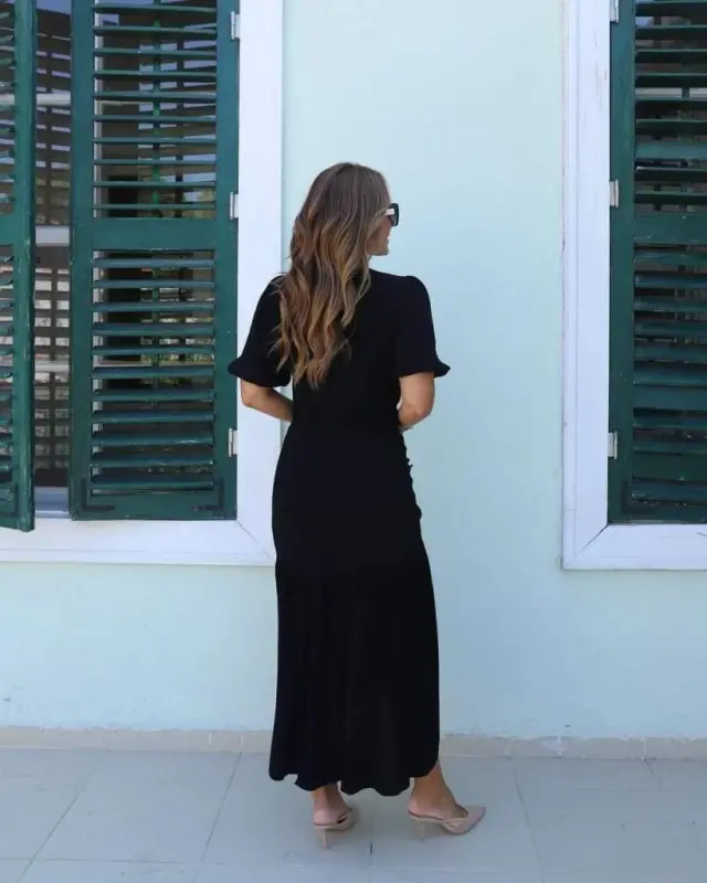 Women's Short Sleeve Crew Neck Side Slit Ruched Crinkle Crepe Dress - 5