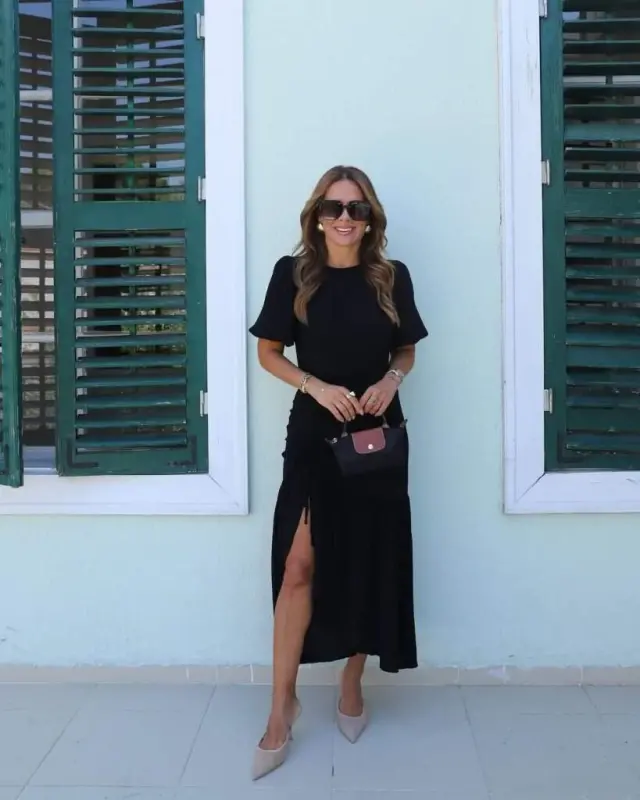 Women's Short Sleeve Crew Neck Side Slit Ruched Crinkle Crepe Dress - 7