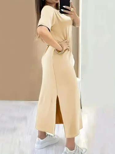 Women's Short Sleeve Crew Neck Side Slit Viscose Dress - BÜYÜKBEDENIZ (1)