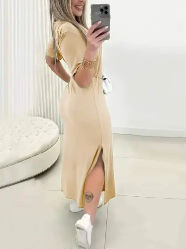 Women's Short Sleeve Crew Neck Side Slit Viscose Dress - 7