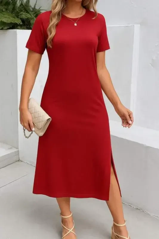 Women's Short Sleeve Crew Neck Side Slit Viscose Dress - BÜYÜKBEDENIZ