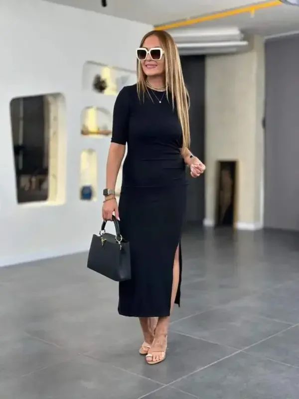 Women's Short Sleeve Crew Neck Side Slit Viscose Two Thread Dress - 2