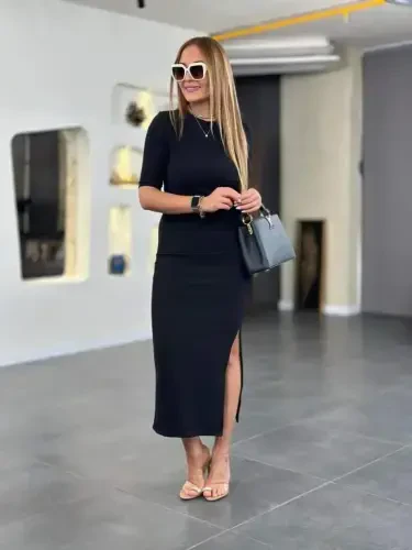 Women's Short Sleeve Crew Neck Side Slit Viscose Two Thread Dress - 3