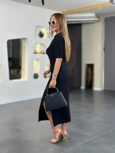 Women's Short Sleeve Crew Neck Side Slit Viscose Two Thread Dress - 4