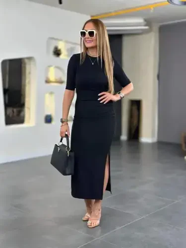 Women's Short Sleeve Crew Neck Side Slit Viscose Two Thread Dress - 5