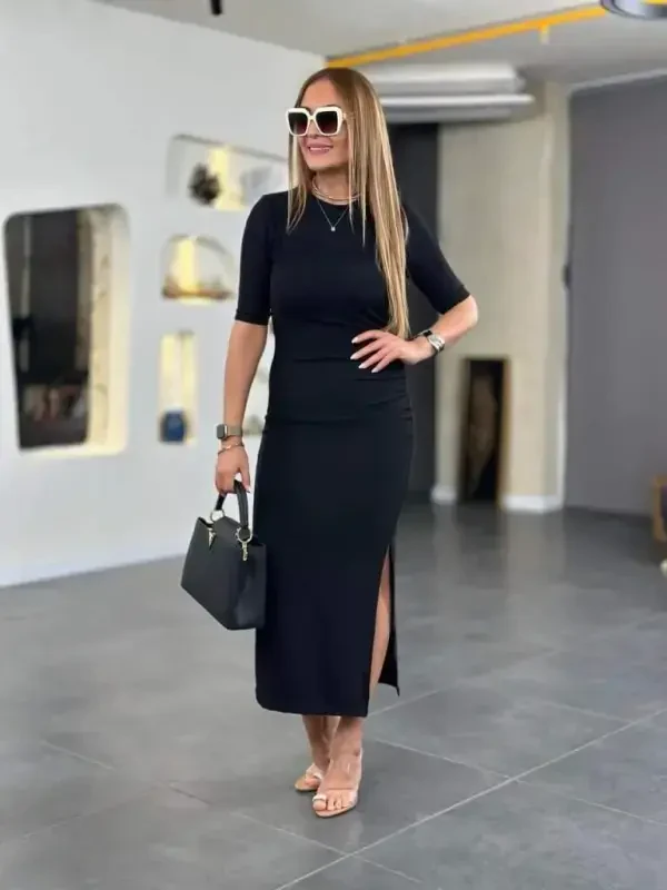 Women's Short Sleeve Crew Neck Side Slit Viscose Two Thread Dress - 5