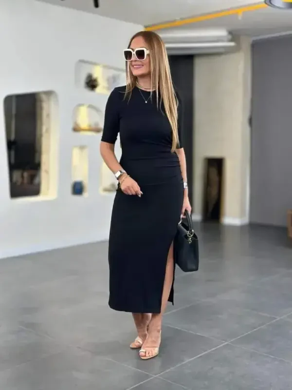 Women's Short Sleeve Crew Neck Side Slit Viscose Two Thread Dress - 6