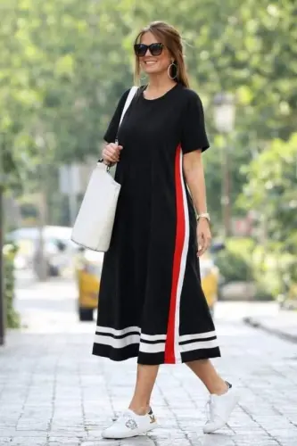 Women's Short Sleeve Crew Neck Side Stripe Detail Midi Viscose Dress - 1