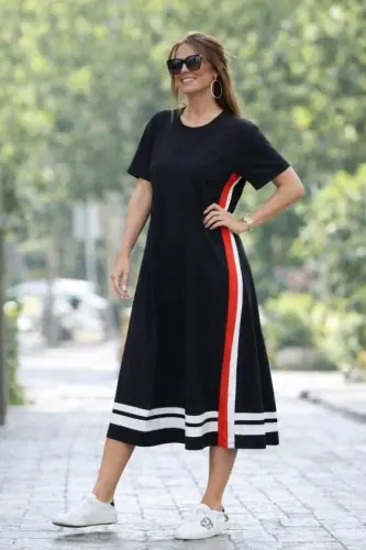 Women's Short Sleeve Crew Neck Side Stripe Detail Midi Viscose Dress - BÜYÜKBEDENIZ (1)