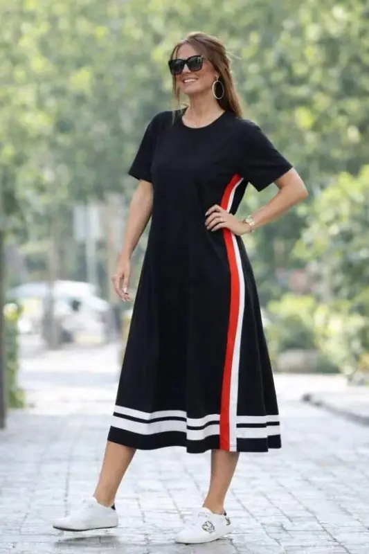 Women's Short Sleeve Crew Neck Side Stripe Detail Midi Viscose Dress - 2
