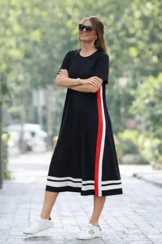 Women's Short Sleeve Crew Neck Side Stripe Detail Midi Viscose Dress - 3
