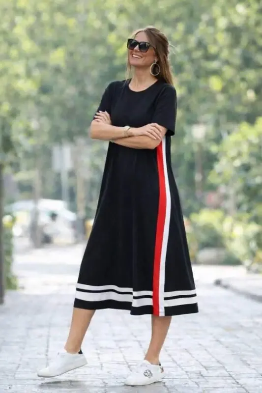 Women's Short Sleeve Crew Neck Side Stripe Detail Midi Viscose Dress - 3