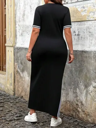 Women's Short Sleeve Crew Neck Side Striped And Slit Viscose Two Thread Dress - BÜYÜKBEDENIZ (1)