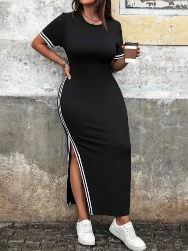 Women's Short Sleeve Crew Neck Side Striped And Slit Viscose Two Thread Dress - 5