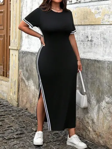 Women's Short Sleeve Crew Neck Side Striped And Slit Viscose Two Thread Dress - 7
