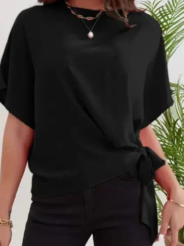 Women's Short Sleeve Crew Neck Side Tie Aerobin Blouse - 1