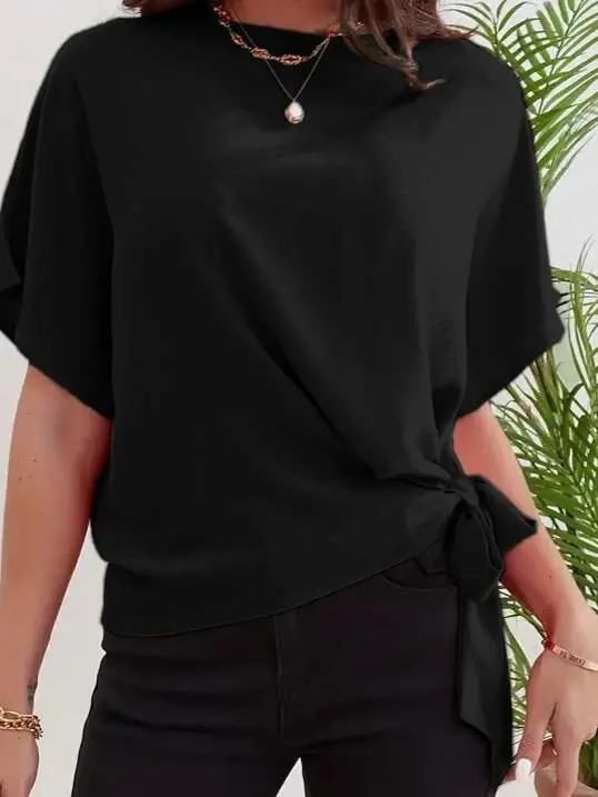 Women's Short Sleeve Crew Neck Side Tie Aerobin Blouse - 1