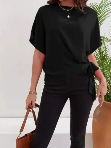 Women's Short Sleeve Crew Neck Side Tie Aerobin Blouse - 2