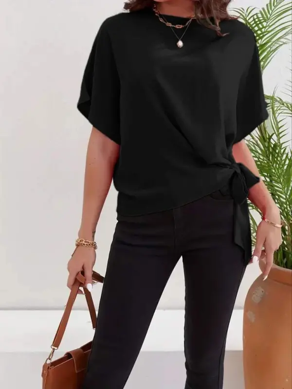 Women's Short Sleeve Crew Neck Side Tie Aerobin Blouse - 2