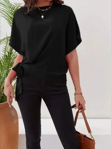 Women's Short Sleeve Crew Neck Side Tie Aerobin Blouse - 4