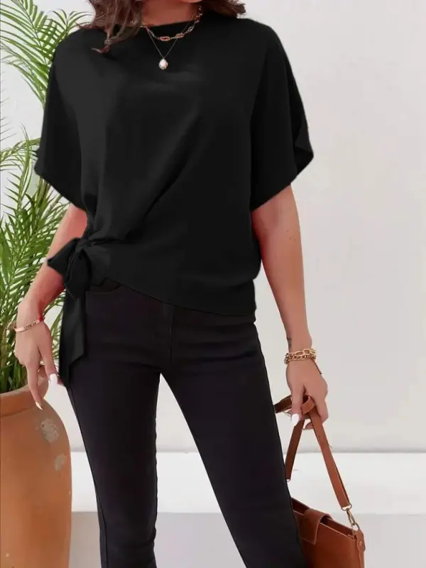 Women's Short Sleeve Crew Neck Side Tie Aerobin Blouse - 4