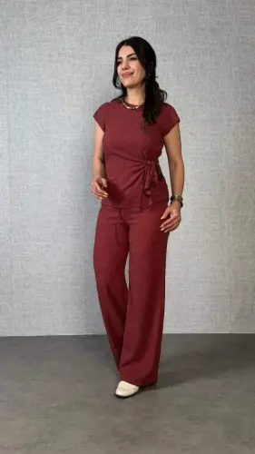 Women's Short Sleeve Crew Neck Side Tie Crinkle Blouse And Pants Set - 1