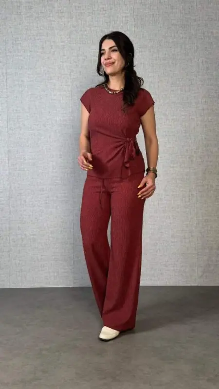 Women's Short Sleeve Crew Neck Side Tie Crinkle Blouse And Pants Set - BÜYÜKBEDENIZ