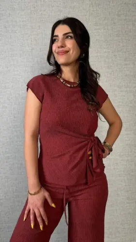 Women's Short Sleeve Crew Neck Side Tie Crinkle Blouse And Pants Set - 2