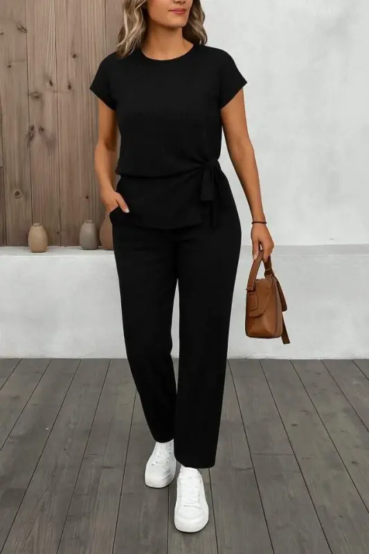 Women's Short Sleeve Crew Neck Side Tie Crinkle Blouse And Pants Set - BÜYÜKBEDENIZ