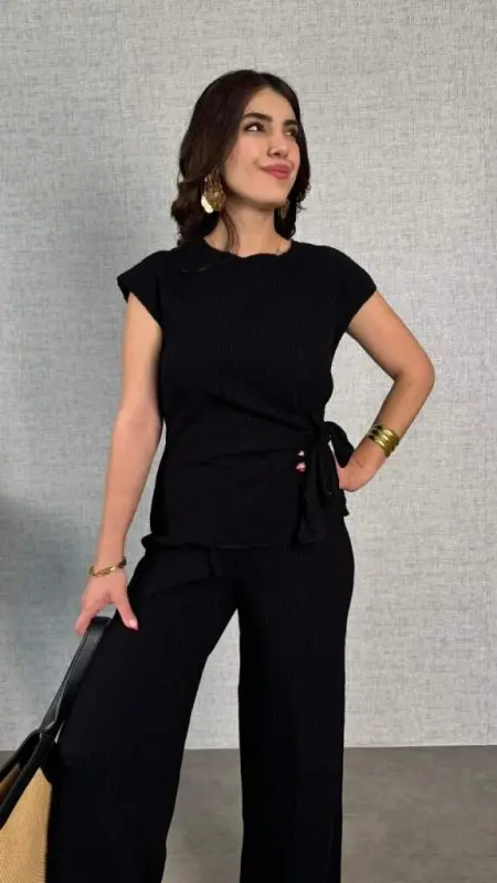 Women's Short Sleeve Crew Neck Side Tie Crinkle Blouse And Pants Two-Piece Set - 2
