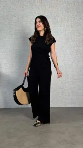 Women's Short Sleeve Crew Neck Side Tie Crinkle Blouse And Pants Two-Piece Set - 3