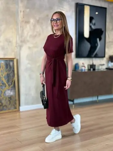 Women's Short Sleeve Crew Neck Side Tie Viscose Two Thread Dress - BÜYÜKBEDENIZ (1)