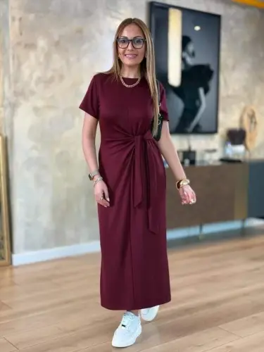 Women's Short Sleeve Crew Neck Side Tie Viscose Two Thread Dress - 3