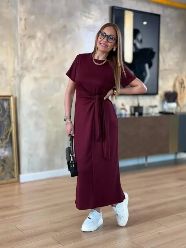 Women's Short Sleeve Crew Neck Side Tie Viscose Two Thread Dress - 4