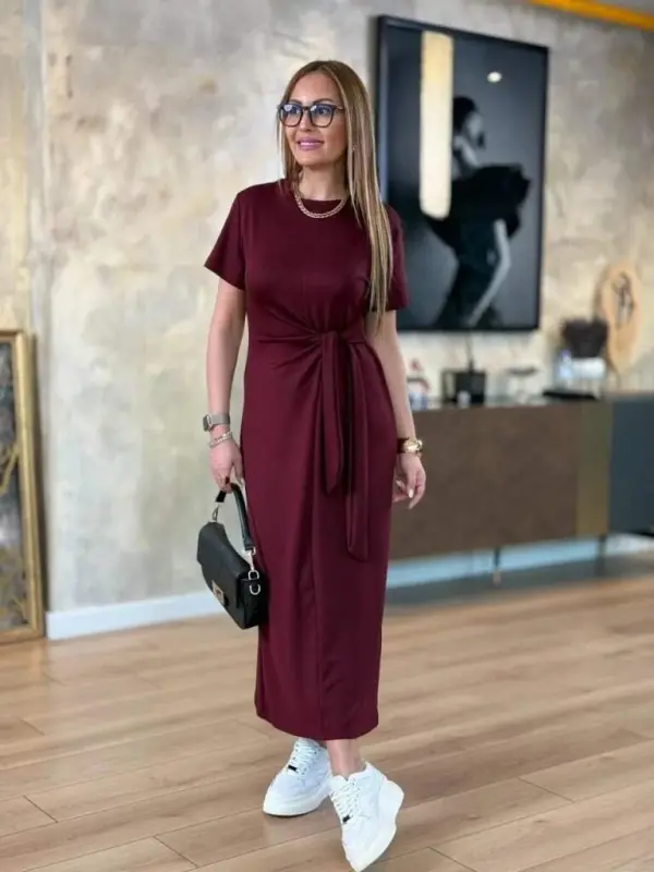 Women's Short Sleeve Crew Neck Side Tie Viscose Two Thread Dress - 5