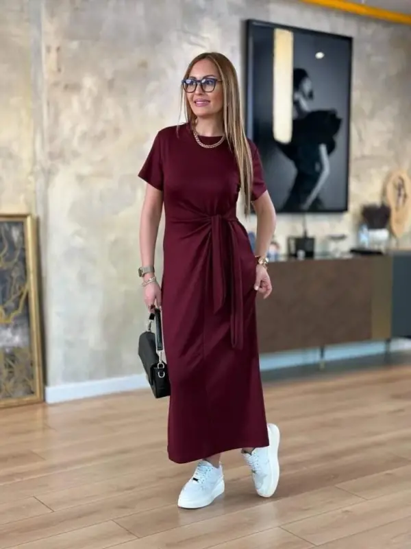 Women's Short Sleeve Crew Neck Side Tie Viscose Two Thread Dress - 6