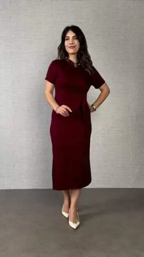 Women's Short Sleeve Crew Neck Side Tie Viscose Two Thread Dress - 8